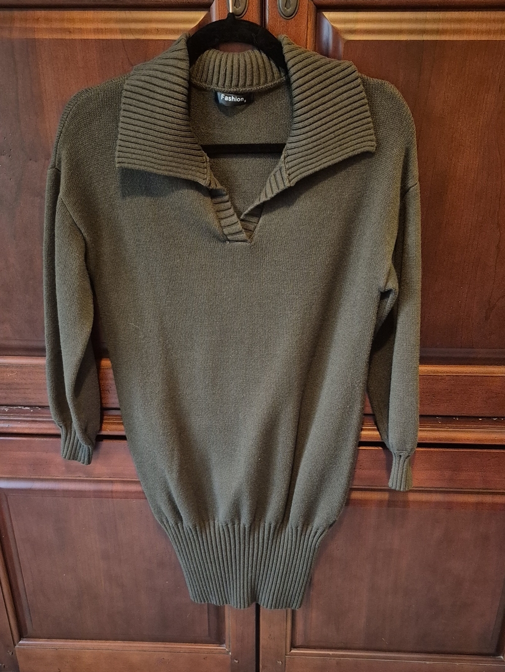 Olive Green Ribbed Collar Mini Sweater Dress